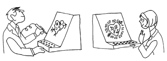 Illustration of two workers communicating via a computer