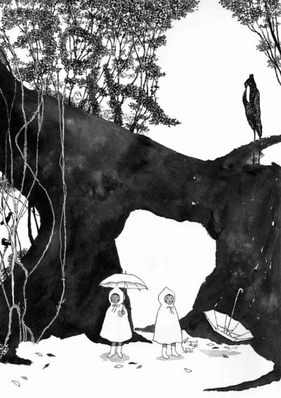 Illustration of hooded children in the woods