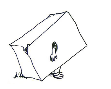 Illustration of kid with box on his head